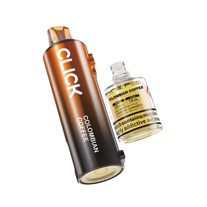 Pyne Pod Click 50k Refill pod and prefilled container in "Colombian Coffee" flavour on a white background.