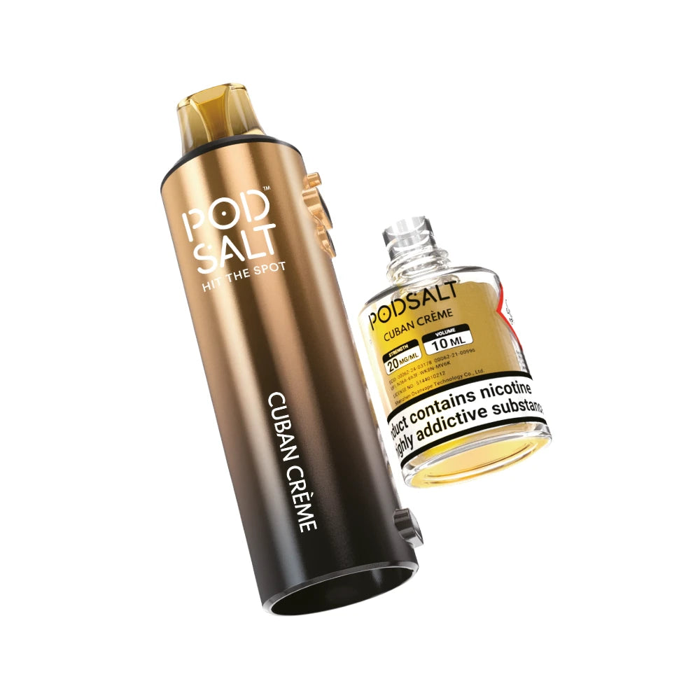 Pyne Pod Click 50k Refill pod and prefilled container in "Cuban Creme" flavour on a white background.