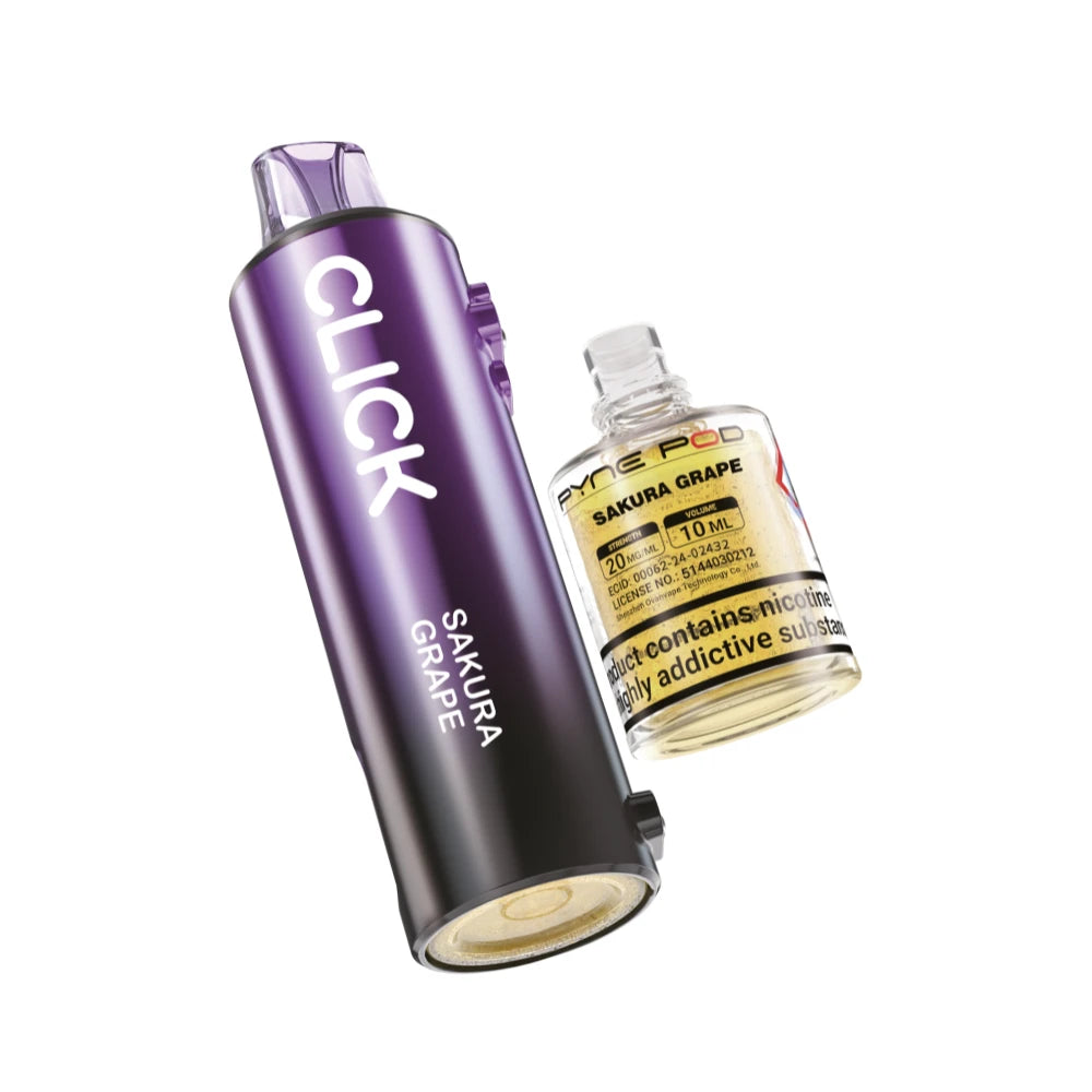 Pyne Pod Click 50k Refill pod and prefilled container in "Sakura Grape" flavour on a white background.