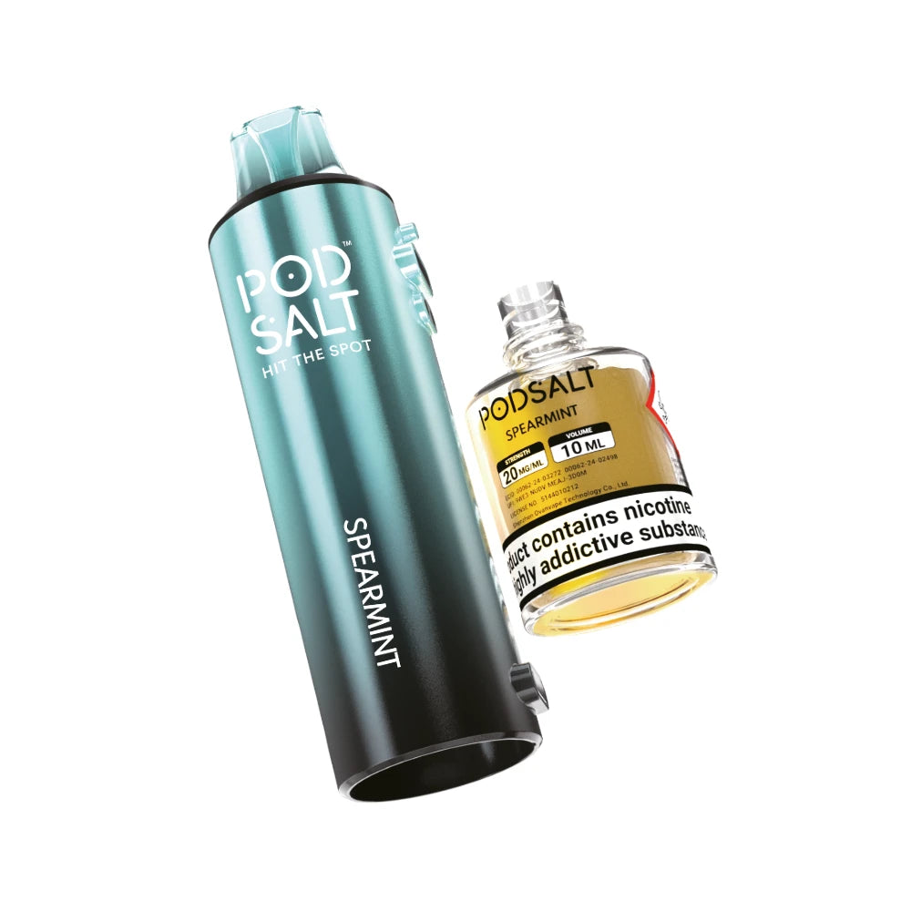 Pyne Pod Click 50k Refill pod and prefilled container in "Spearmint" flavour on a white background.