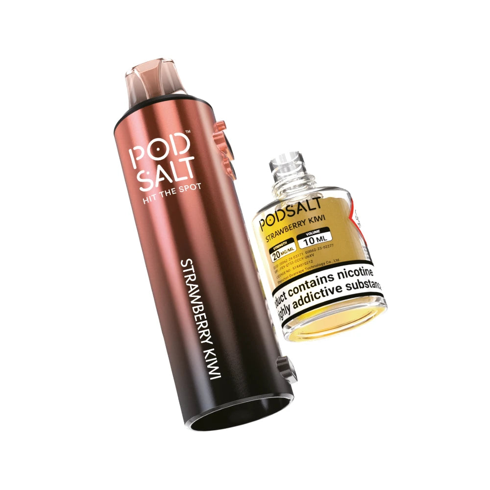 Pyne Pod Click 50k Refill pod and prefilled container in "Strawberry Kiwi" flavour on a white background.