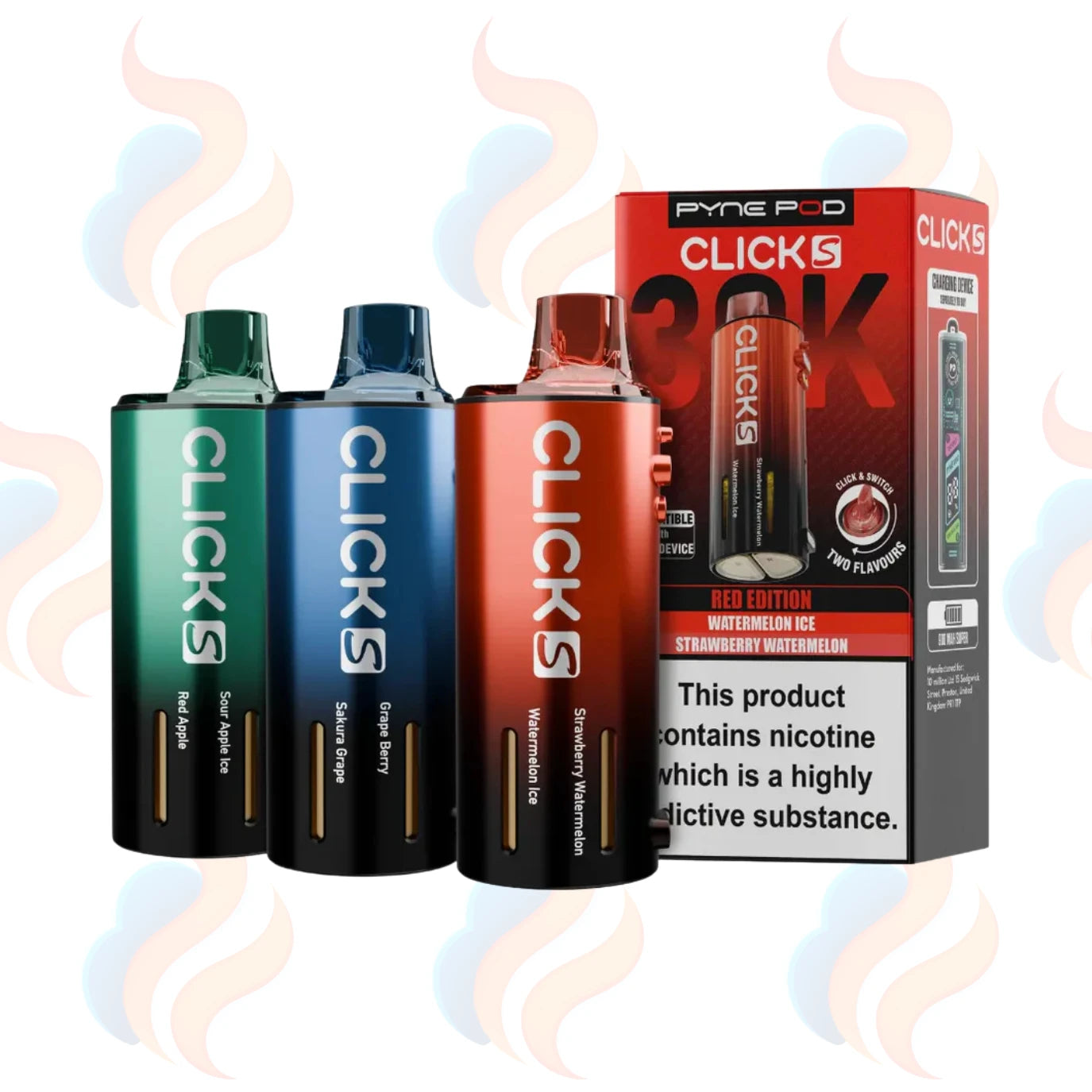 Three Pyne Pod Click S 30K refills on a white background with UK Vape Supply Logo
