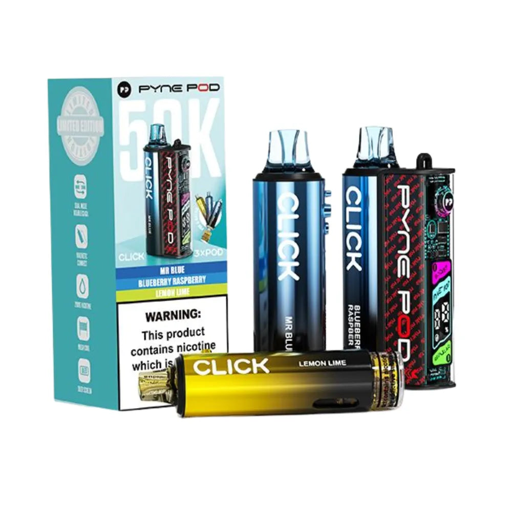 Collection of Pyne Pod and Click vape devices with packaging on a white background