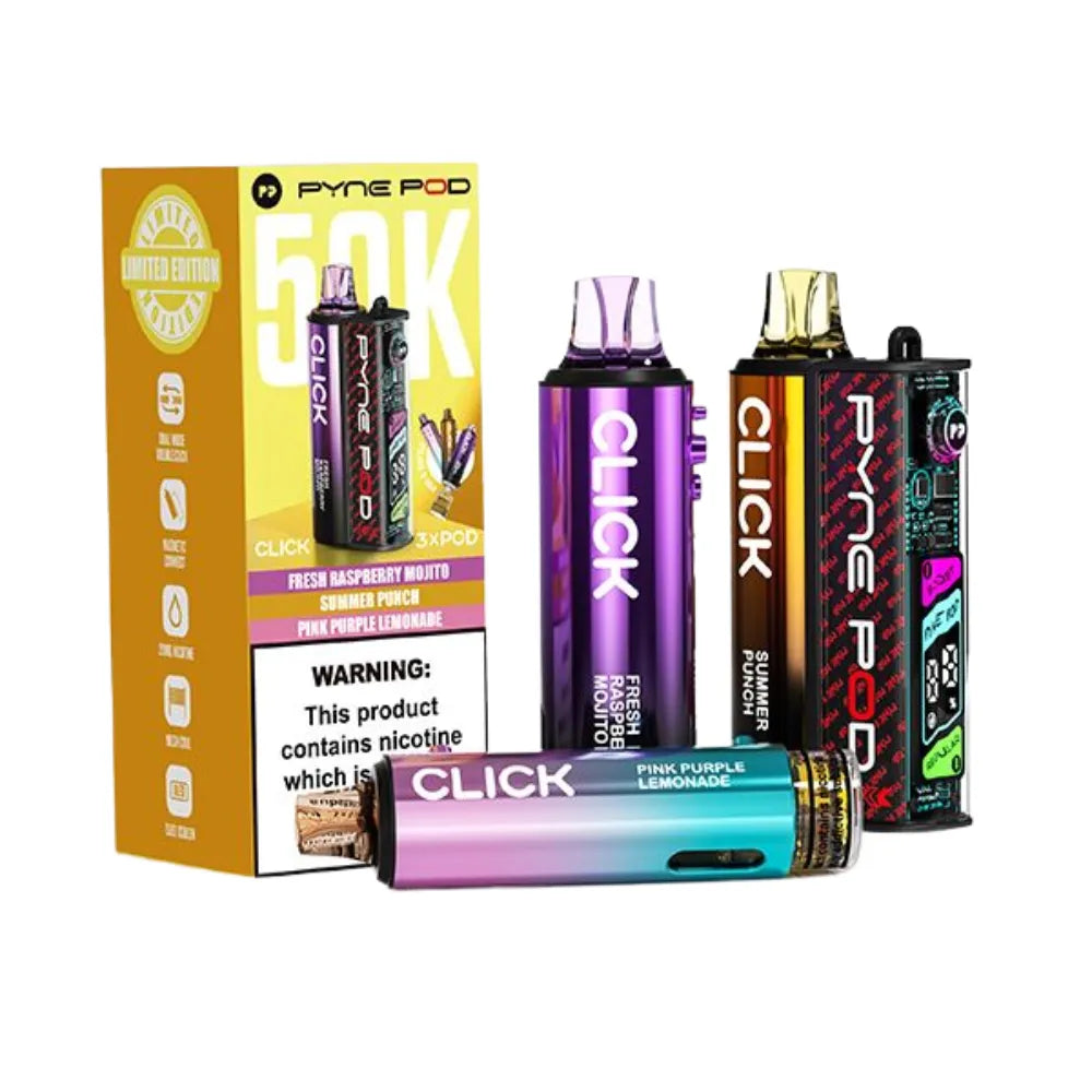 Vape devices and packaging with 'Click' and 'Pyne Pod' branding on a white background.
