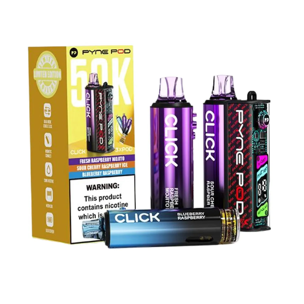 Pyne Pod and Click vape devices with packaging on a white background