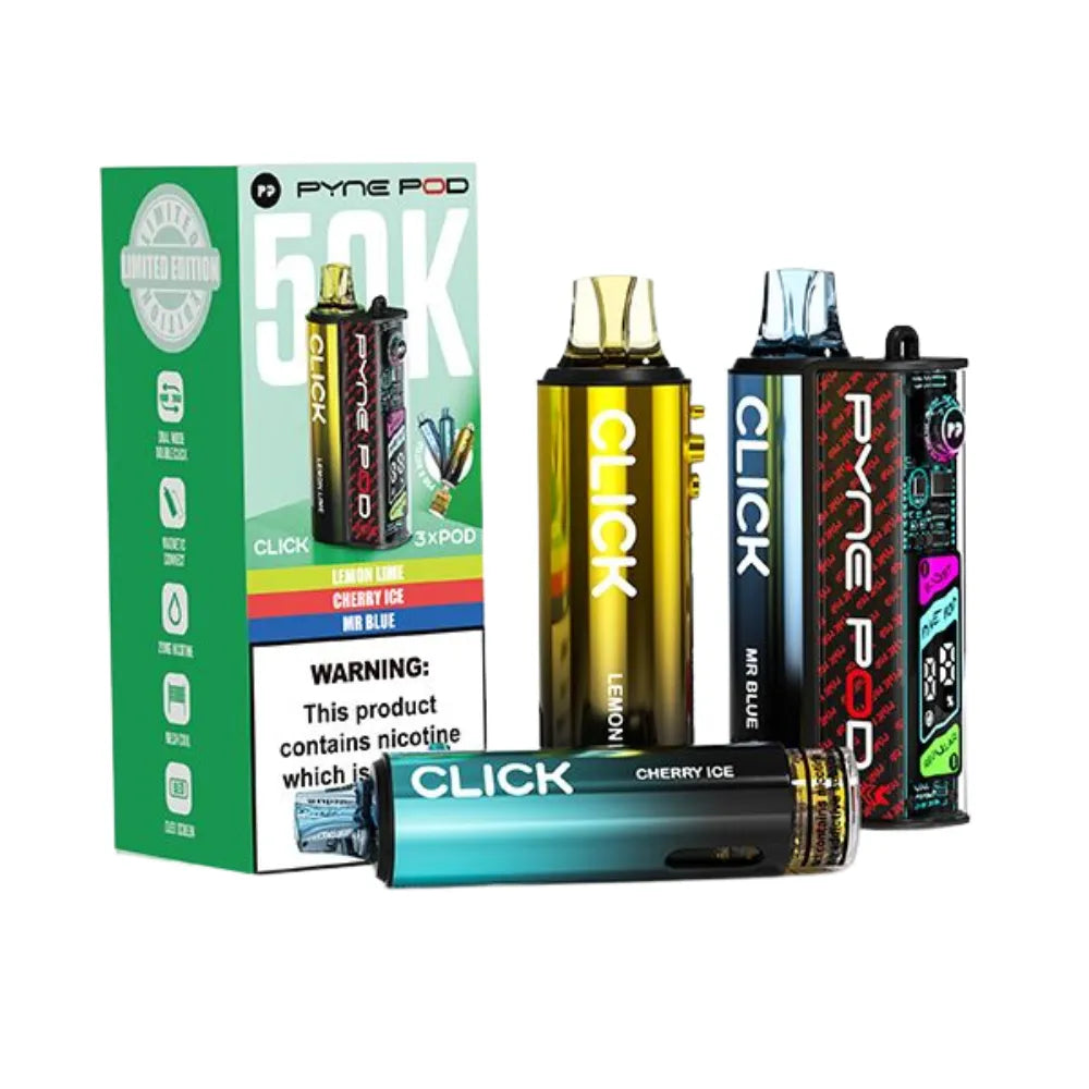 Collection of Pyne Pod and Click vape devices with packaging on a white background