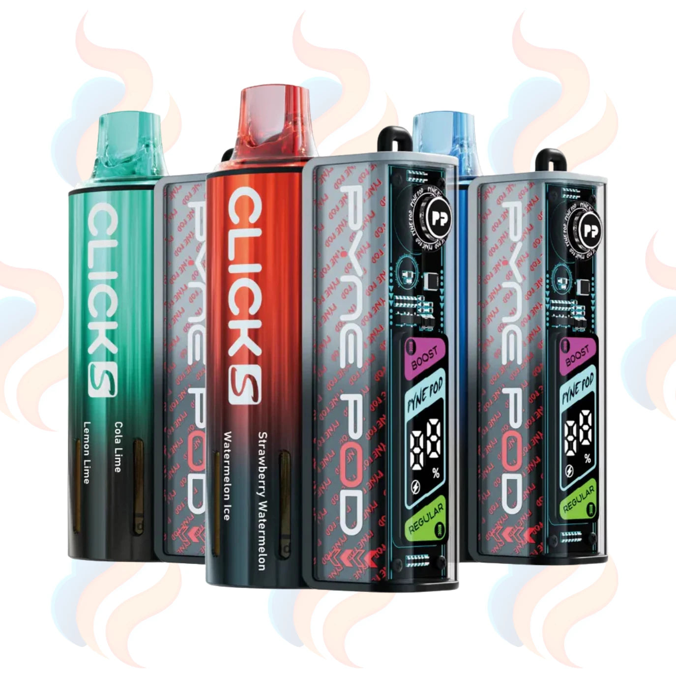 Three colourful Pyne pod click s vape devices on a UK Vape supply background