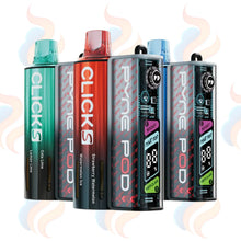 Three colourful Pyne pod click s vape devices on a UK Vape supply background