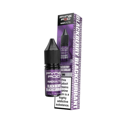 Pyne Pod Nic salt e-liquid purple bottle in "Blackberry Blackcurrant" flavour with corresponding packaging on a white background