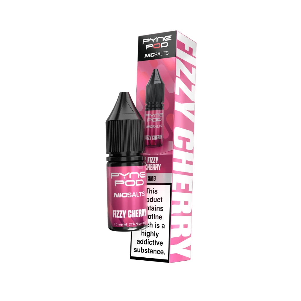 Pyne Pod Nic salt e-liquid pink bottle in "Fizzy Cherry" flavour with corresponding packaging on a white background