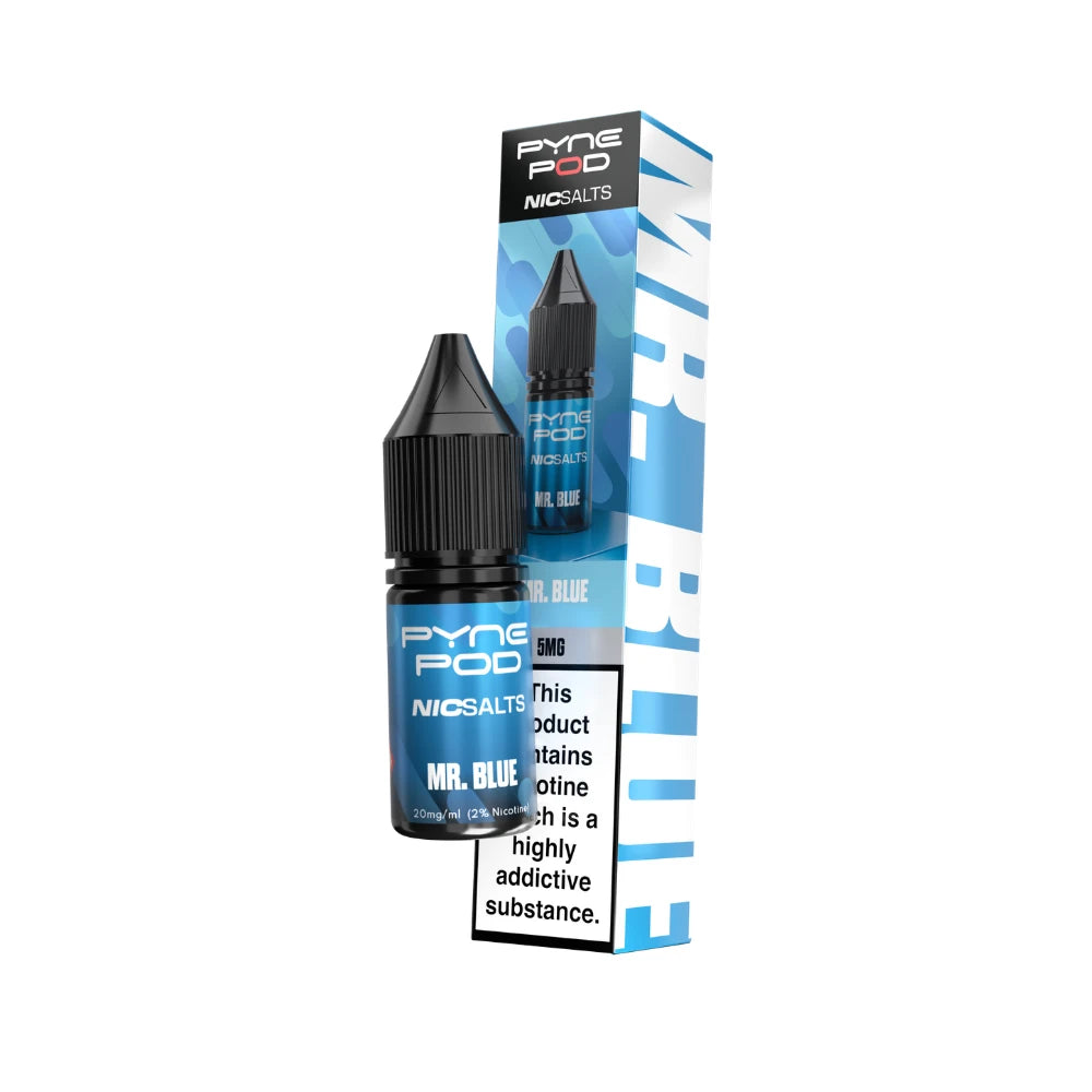 Pyne Pod Nic salt e-liquid blue bottle in "mr blue" flavour with corresponding packaging on a white background