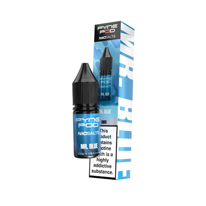 Pyne Pod Nic salt e-liquid blue bottle in "mr blue" flavour with corresponding packaging on a white background