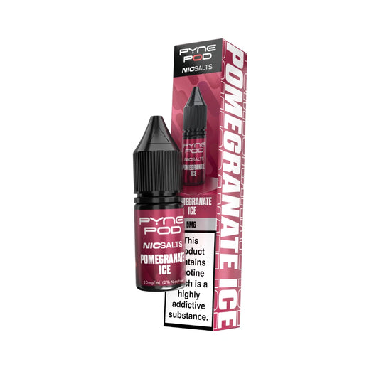 Pyne Pod Nic salt e-liquid burgundy bottle in "pomegranate ice" flavour with corresponding packaging on a white background