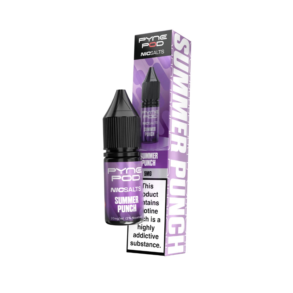 Pyne Pod Nic salt e-liquid purple bottle in "summer punch" flavour with corresponding packaging on a white background