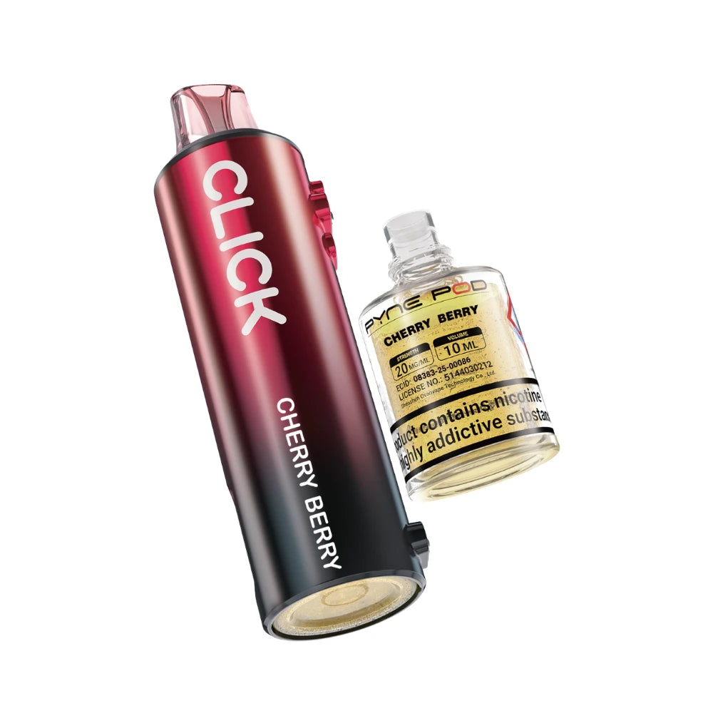 Pyne Pod Click 50k Refill pod and prefilled container in "Cherry Berry" flavour on a white background.