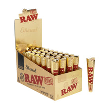 Box of Raw ethereal rolling cones with a single cone on a white background