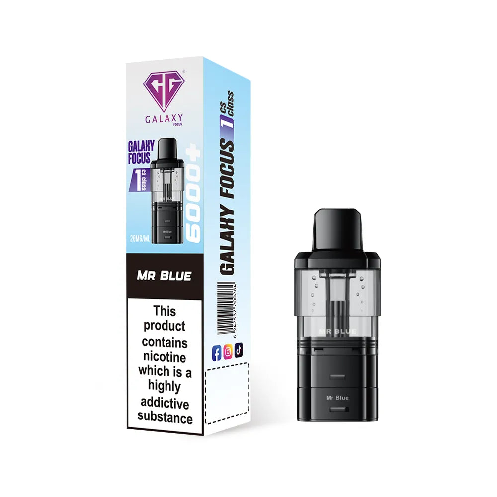 Crystal Galaxy refill pod in the flavour mr blue with packaging on a white background