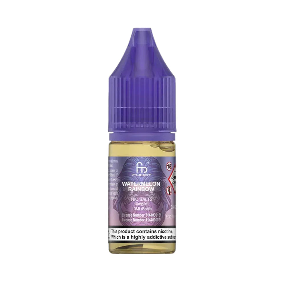 R&M Tornado 7000 Salts Bottle of watermelon rainbow vape juice with a purple cap on a white background