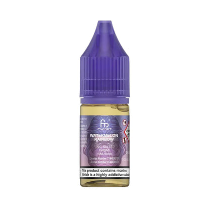 R&M Tornado 7000 Salts Bottle of watermelon rainbow vape juice with a purple cap on a white background