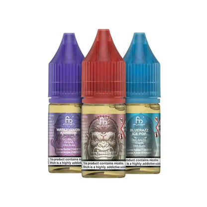 R&M Tornado Three bottles of flavored nicotine salts with colorful caps on a white background