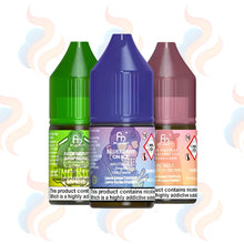 Three bottles of R&M Tornado 7000 nic salt e-liquids in 10mg nicotine strength on a white background.
