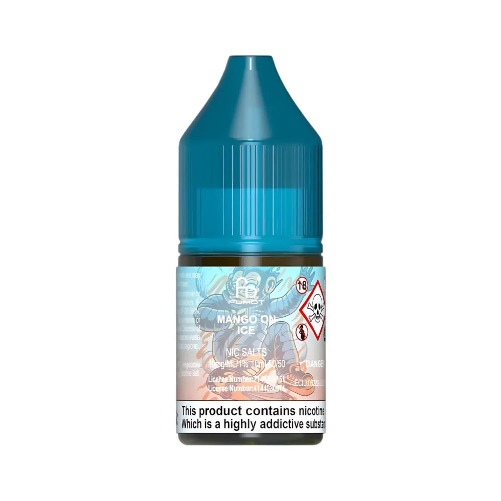 R&M Tornado 7000 Salts mango on ice bottle of vape juice with a label on a white background