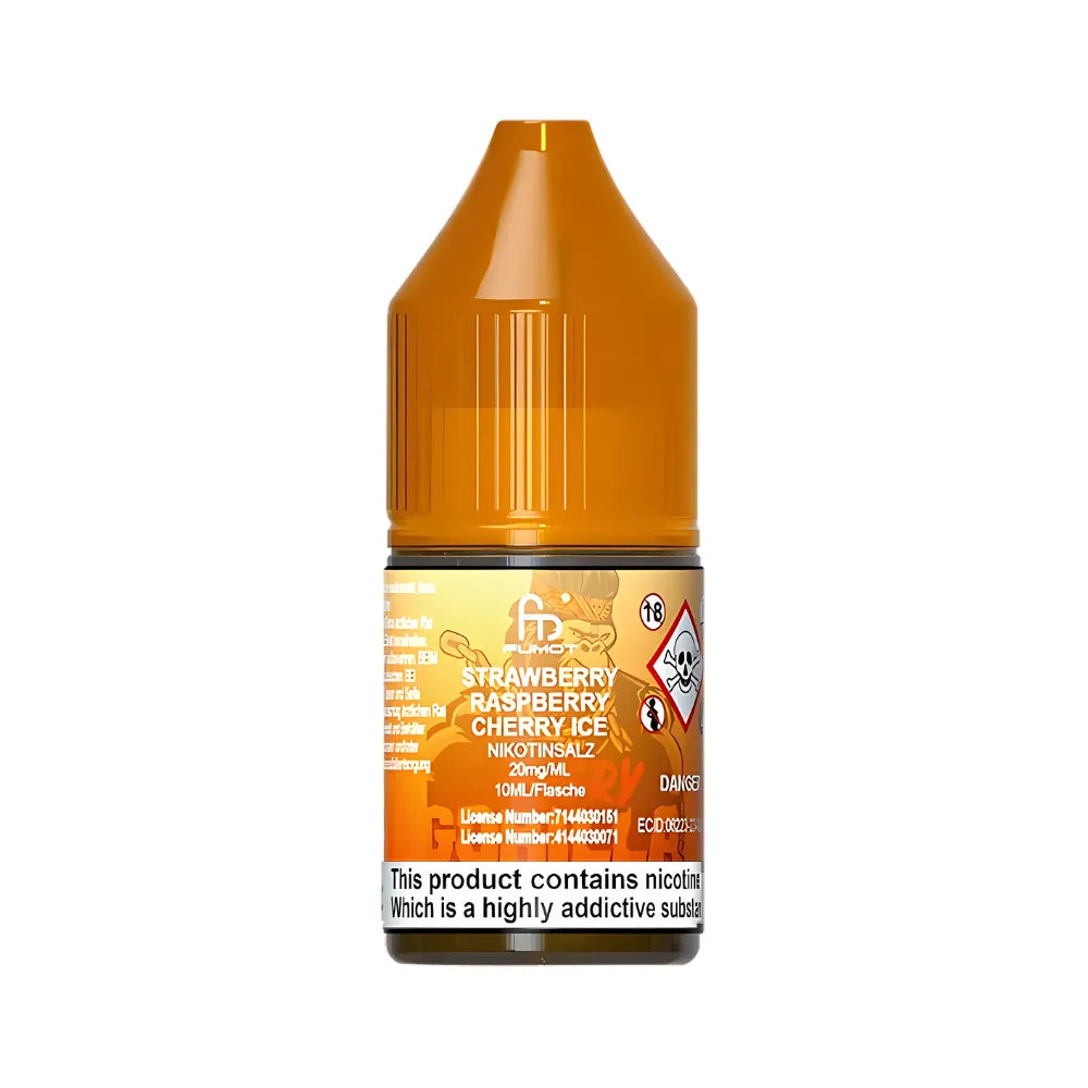 R&M Tornado 7000 Salts bottle of strawberry raspberry cherry ice e-liquid with a label on a white background