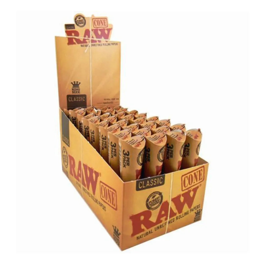 Display of Raw rolling paper cones on a white background