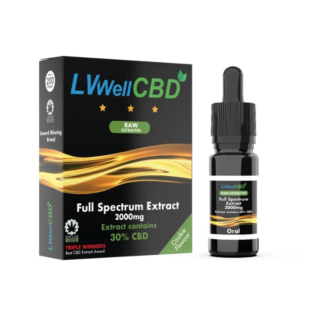 LVWell CBD Full Spectrum Raw 2000mg Extract bottle and packaging on a white background