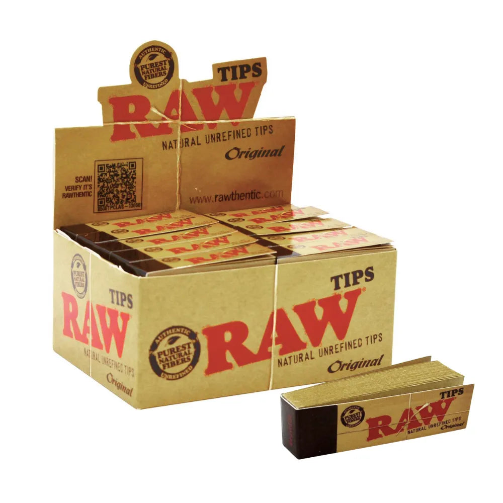 Box of 50 Raw natural original unrefined tips with packaging on a white background