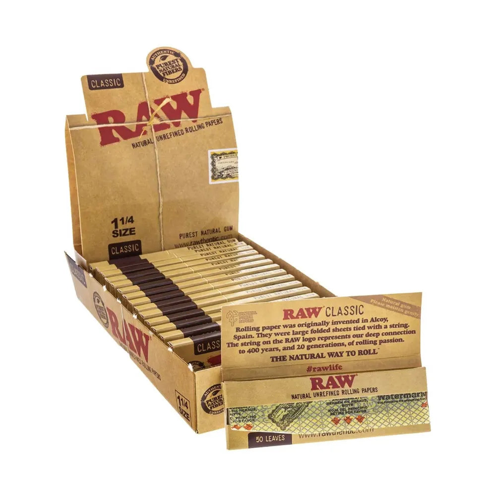 Box of 24 Raw rolling papers 1 1/4 on a white background