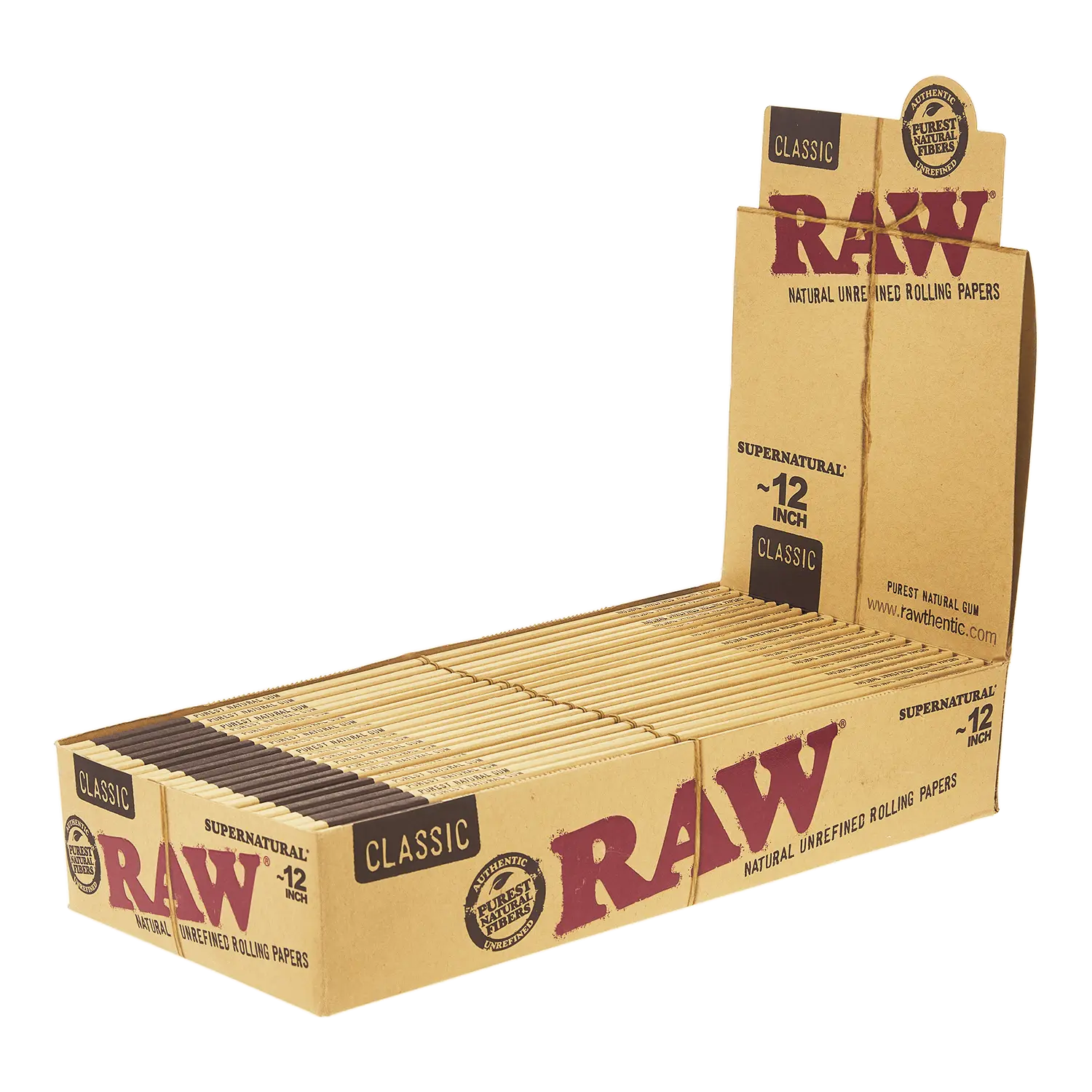 Box of Raw 12 inch 30cm supernatural rolling papers on a white background