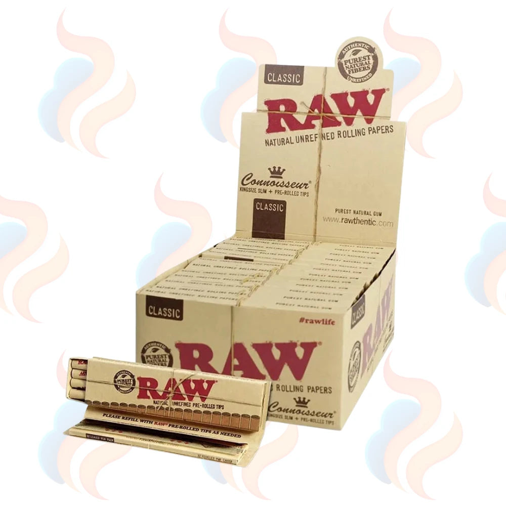 Raw Classic Connoisseur King-Size Slim With Pre-Rolled Tips 24pcs on a white background