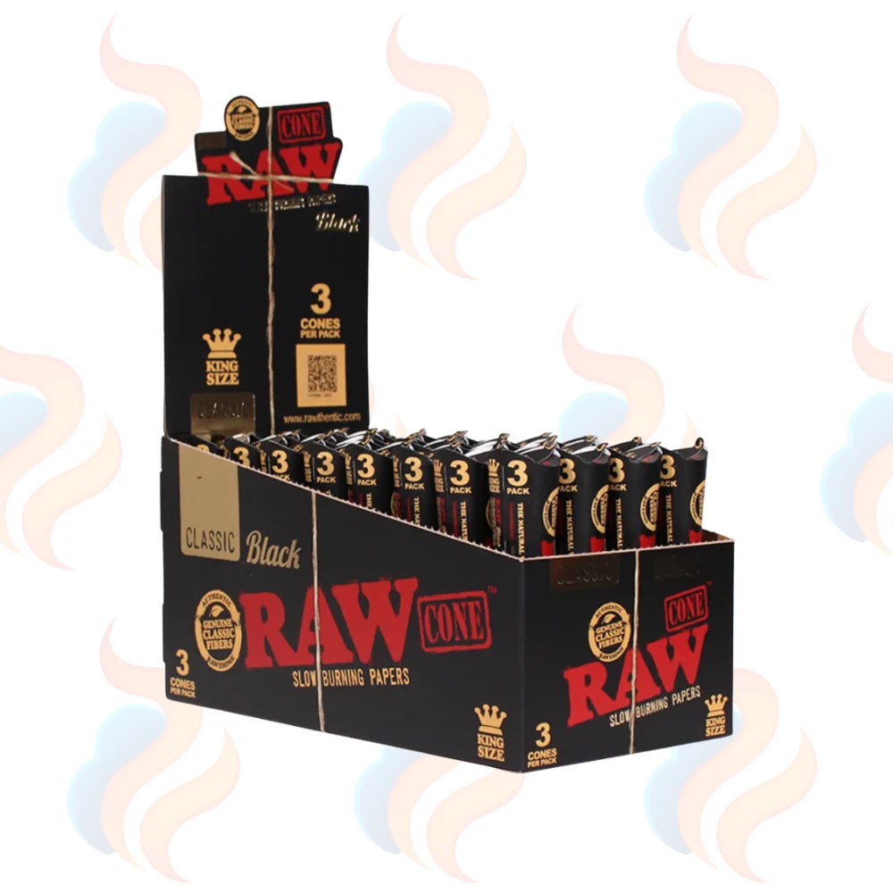 RAW Black Pre-Rolled King Size Cones – Box of 96 Cones on a white background