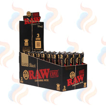RAW Black Pre-Rolled King Size Cones – Box of 96 Cones on a white background