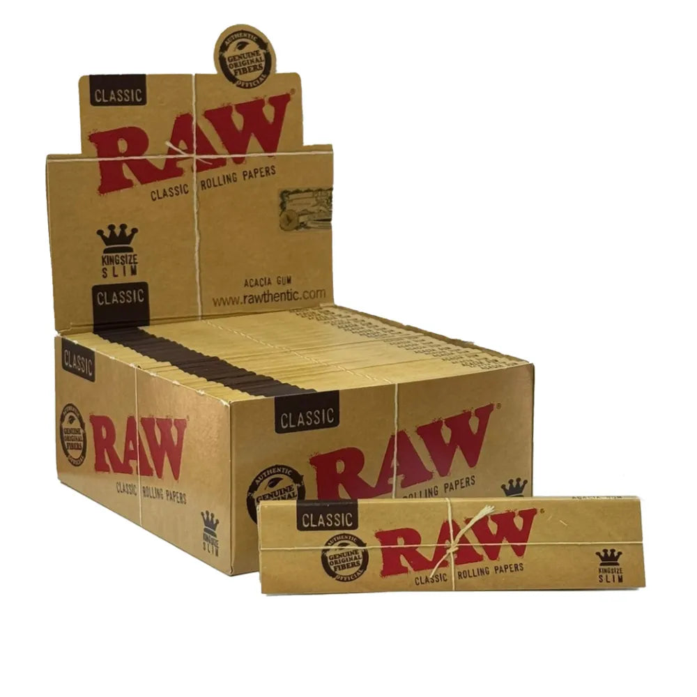 Box of 50 Raw rolling papers with visible branding on a white background
