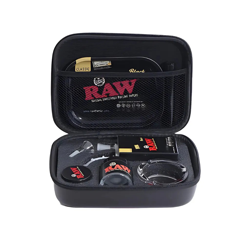 Black rolling kit with RAW branded items in an open case on a white background