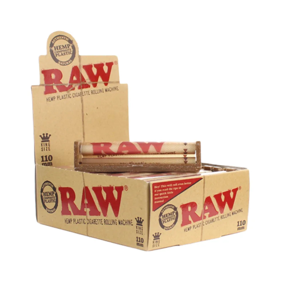 Box of 110mm Raw hemp plastic cigarette rolling machine on a white background