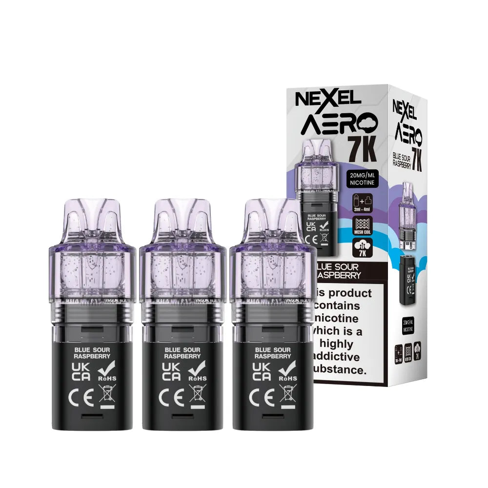 Nexel Aero 7K pod packaging with four cartridges on a white background
