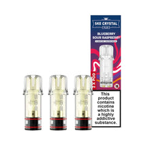 Three vape pods with a packaging box labeled 'SKE Crystal' on a white background.