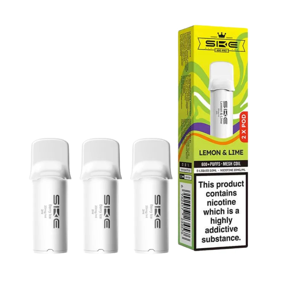 SKE pro 600 vape pods lemon lime and packaging on a white background