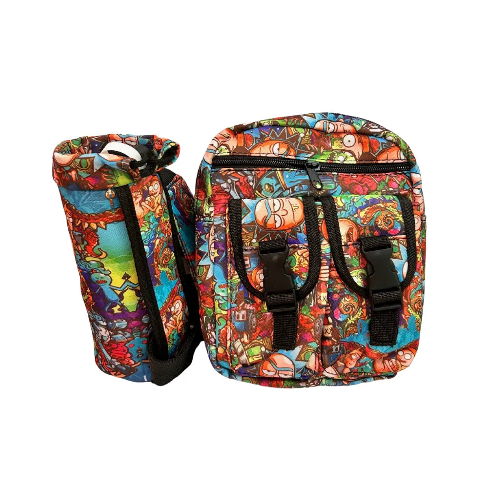 Rick and Morty patterned bags with black straps on a white background