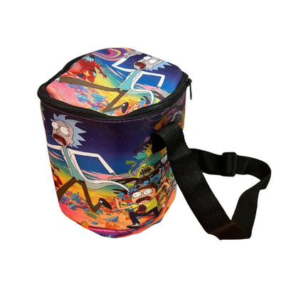 Rick and Morty patterned bag with black straps on a white background