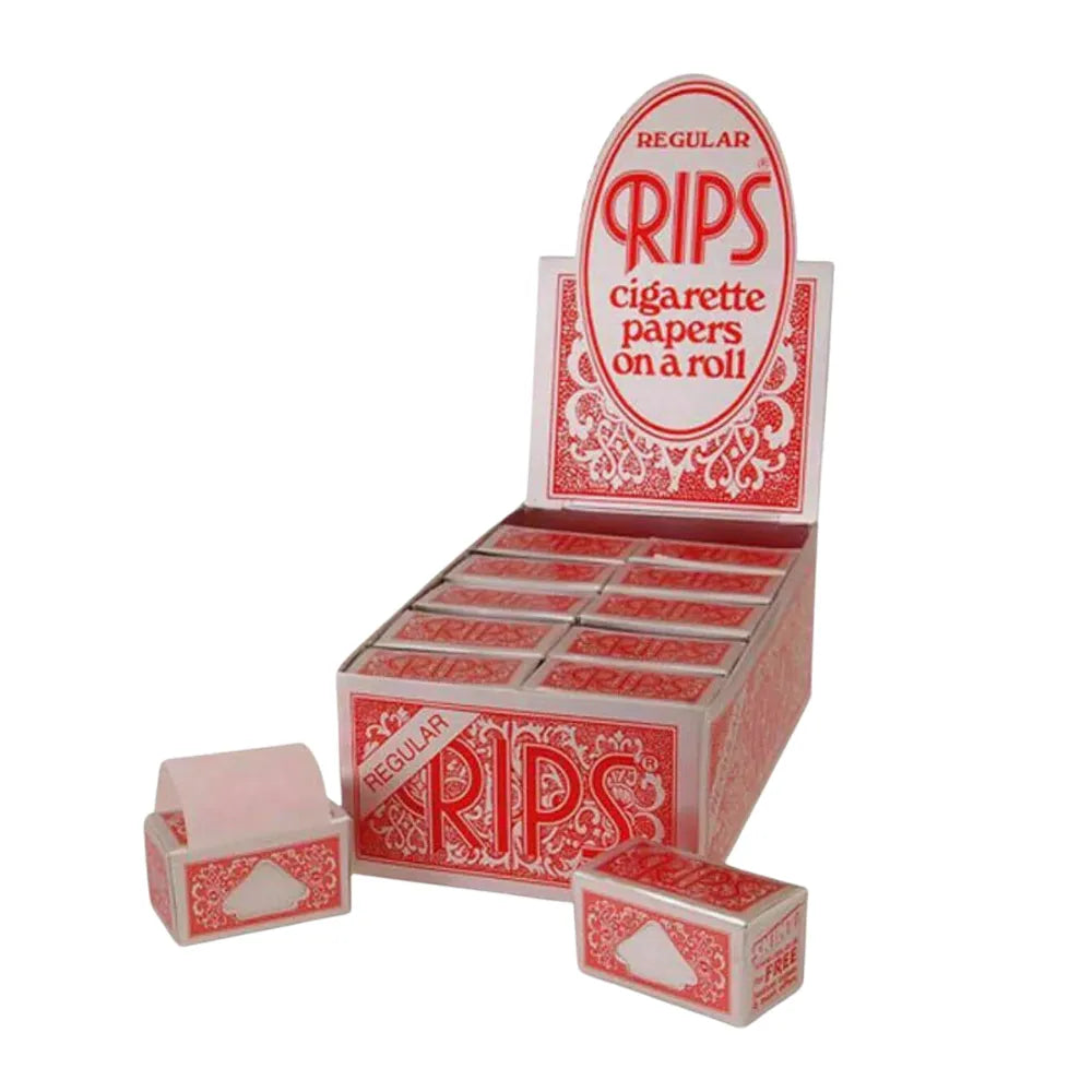 Display of RIPS cigarette papers on a roll with red and white packaging.