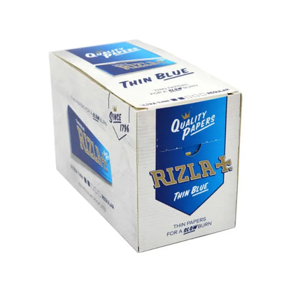 Box of 100 Rizla Thin Blue papers with branding on a white background