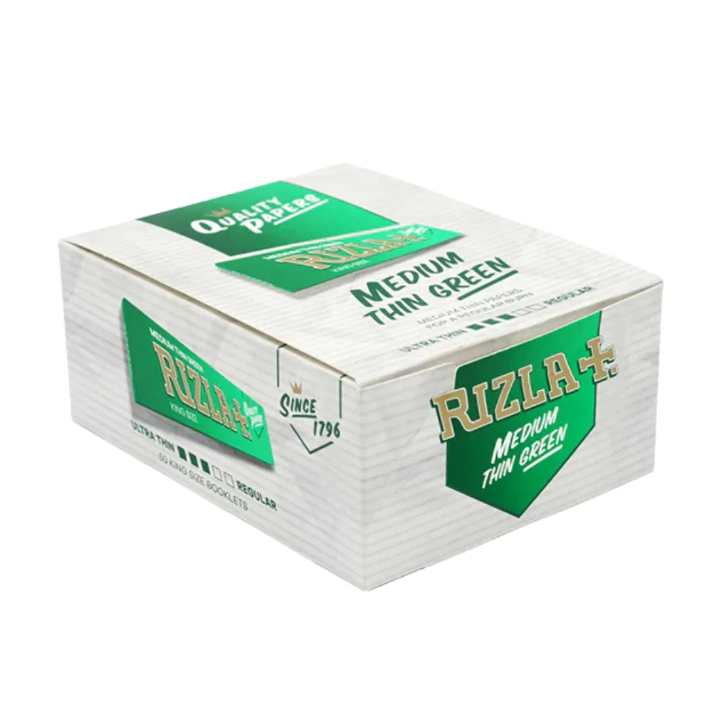 Box of 50 Rizla medium thin green rolling papers on a white background