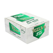 Box of 50 Rizla medium thin green rolling papers on a white background