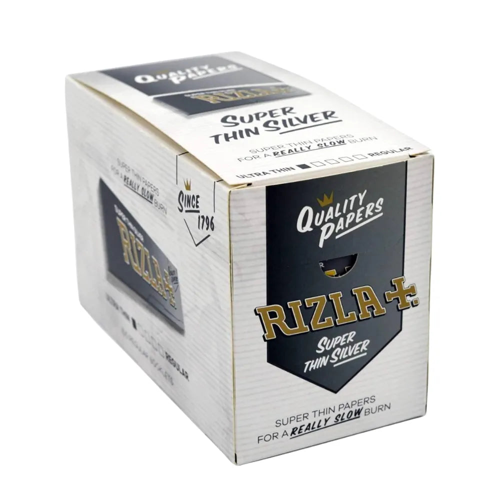 Box of 100 Rizla Super Thin Silver rolling papers on a white background
