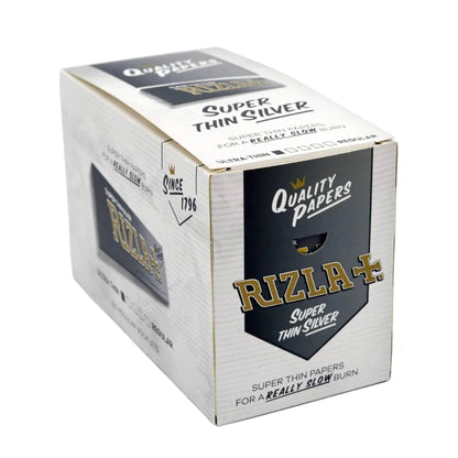 Box of 100 Rizla Super Thin Silver rolling papers on a white background