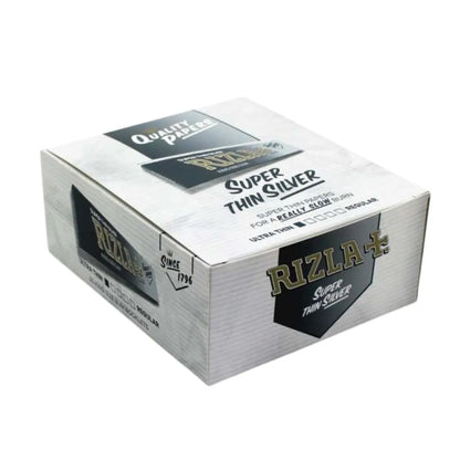 Box of 50 Rizla Super Thin Silver rolling papers on a white background
